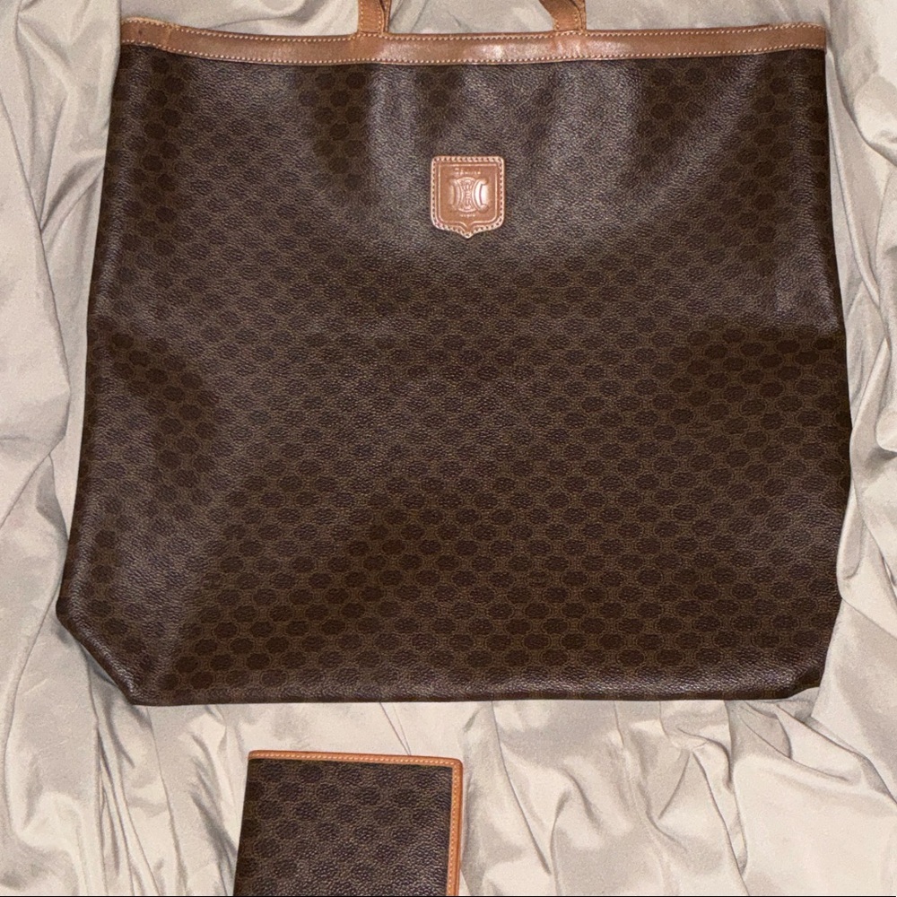 Celine Brown Monogram Canvas Tote with Tan Trim